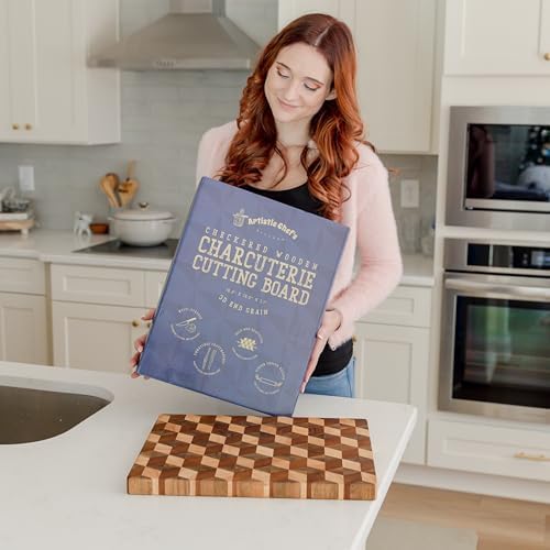 Handcrafted 3-D Checkered Acacia Wood Cutting Board - Reversible End Grain Large Butcher Block Cutting Board Serving Tray for Prep & Presentation - Multipurpose Wooden Charcuterie Board with Handles