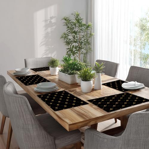 Batmerry Gold Black French Linen Placemats Set of 8,Flowers Golden Fleur De Lis Black Gold from Art Washable Table Mats for Kitchen Table Thickened Heat Insulation Dining Set Indoor Outdoor 12X18 in
