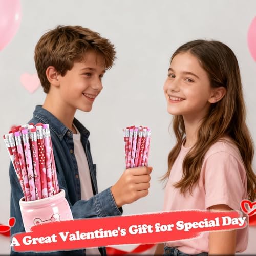 240 Pcs Valentine Pencils Bulk with Erasers, 12 Unique Heart Themed Design for Valentine Goodies Prize Gift Favor Party Supplies