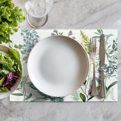 Batmerry Summer Green Sage Linen Placemats Set of 8, Vintage Plant Leaves Elegant Blue Wild Flowers Washable Table Mats for Kitchen Table Thickened Heat Insulation Dining Set Indoor Outdoor 12X18 in