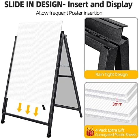 2 Pack Heavy Duty A-Frame Sidewalk Sign 24 x 36 Inch, Portable Double-Sided Sandwich Board Slide-in Folding Metal Signboard with 4 Plastic Poster Boards