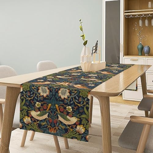 William Morris Strawberry Thief Floral Botanical Art Table Runner Vintage Flowers Table Runner for Dining Table Decor 13 x 108 Inch