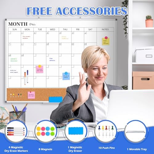 Large Dry Erase Calendar Whiteboard for Wall, 48" x 36" Month White Board