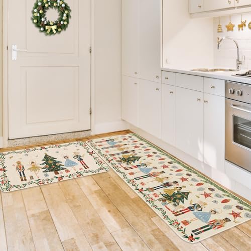 JarThenaAMCS Christmas Nutcracker Kitchen Mat Set of 2 Watercolor Nutcracker Kitchen Floor Mats Xmas Cartoon Non-Slip Door Rugs for Party Home Entrance, 17 x 29 Inch & 17 x 47 Inch