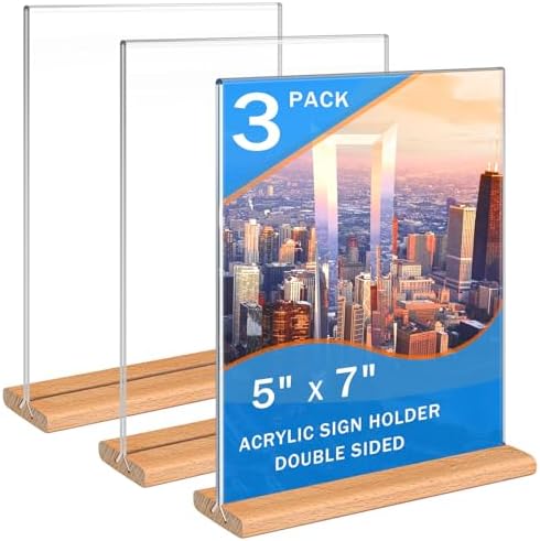 Kersally Acrylic Sign Holder 5 x 7, 3 Pack Double-Sided Clear Table Display Stands with Wood Base,Vertical Acrylic Frame Menu Flyer Paper Holder for Stores, Restaurants, Hotels, Office, Show Fair