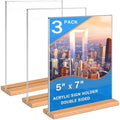 Kersally Acrylic Sign Holder 5 x 7, 3 Pack Double-Sided Clear Table Display Stands with Wood Base,Vertical Acrylic Frame Menu Flyer Paper Holder for Stores, Restaurants, Hotels, Office, Show Fair