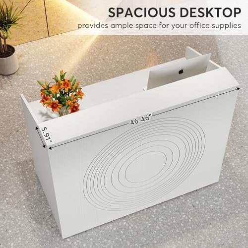 Tribesigns Reception Desk with Counter, Modern Front Desk Reception Room Table with Cable Grommet, 47 inch Retail Counter for Checkout, Lobby, Beauty Salon, Home Office Desk, White