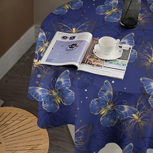 Retro Blue Butterfly Tablecloth, Luxury Golden Blue Butterfly Print Table Cover for Home Dining Decor Kitchen Party Outdoor, 50x50in