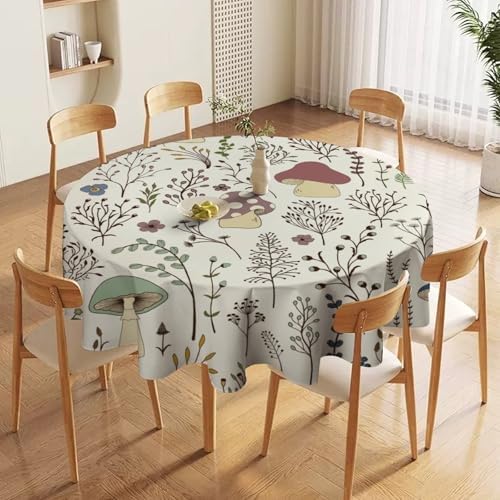 Mushroom Tablecloth, Boho Floral Rustic Wildflower Herbs Plants Colorful Botanical Green Leaves Print Table Cloth for Kitchen Dining Picnic Party Restaurant Decoration, 60x60in