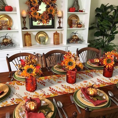 Fall Pumpkin Table Runner Dresser Scarf 13 x 60 Inch Harvest Orange Maple Leaves Table Runners Non-Slip Heat Resistant Kitchen Dining Table Decor for Autumn Thanksgiving Holidays Indoor Outdoor