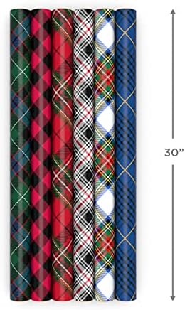 Hallmark Christmas Wrapping Paper Rolls - Black and Red Buffalo Plaid, Royal Stewart Tartan, Blue, Green (6 Rolls: 180 sq. ft. ttl.) for Holiday Parties, Hanukkah, Winter Weddings