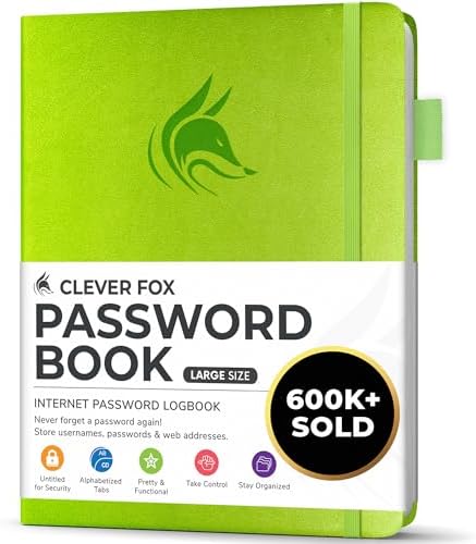 Clever Fox Password Book with Alphabetical Tabs, 7"x10" Keeper Green