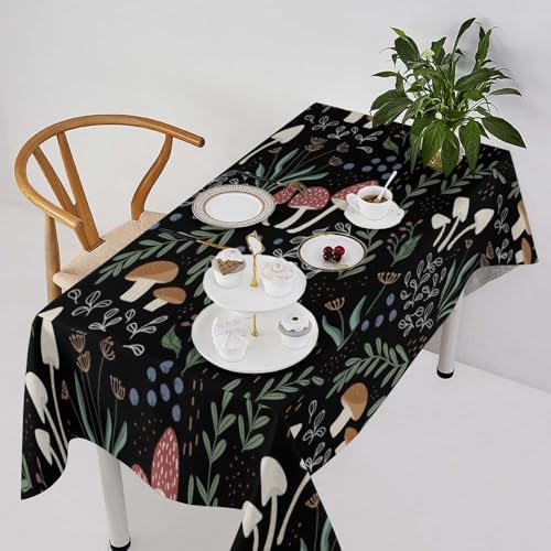 Mushroom Tablecloth, Cartoon Green Leaves Mushroom Wildflower Plant Botanical Herb Nature Garden Print Table Cloth for Home Kitchen Outdoor Party Picnic Wedding Decor 55x75in