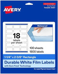 Avery Printable Durable White Rectangle Labels, Sure Feed Technology, 1-1/4" x 2-3/8", Print-to-the-Edge, Waterproof Labels, Laser & Pigment-Based Inkjet Compatible, 1800 Total