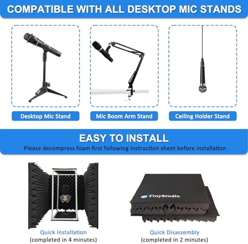 TroyStudio Large Microphone Isolation Shield, Foldable Vocal Booth Reflection Filter, 2 Inches Thick Acoustic Foam Panel Music Sing Podcast Recording Studio Adjustable Sound Box for Desk & Laptop