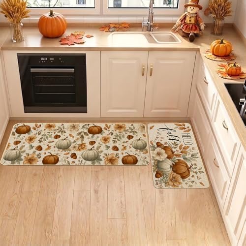 Baccessor Fall Floral Pumpkin Kitchen Rugs Set of 2,Thanksgiving Day Autumn Acorn Farmhouse Mats Washable Non Slip Low-Profile Indoor Floor Holiday Hallway Laundry Sink Decor 17x29 and 17x47 Inch