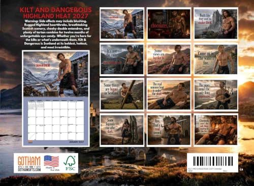 Hot Scottish Men In Kilts Calendar 2027 Monthly Wall Calender 12 Month | American Made In The USA