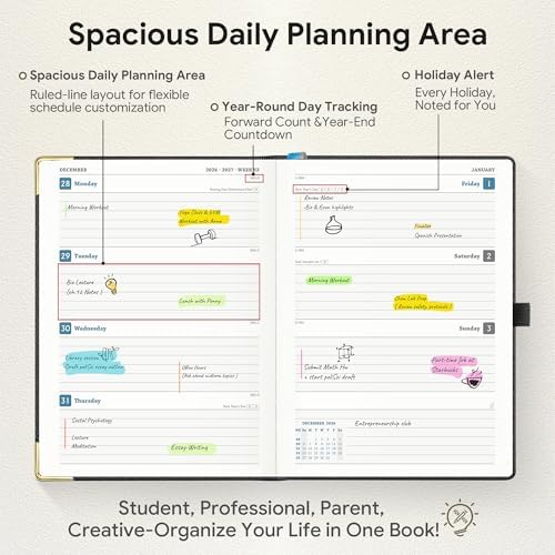Planner 2026-2027 Weekly & Monthly Planner, 18 Month Academic Calendar July 2026 – Dec 2027, Horizontal Layout with Monthly Tabs, Hardcover Business Agenda Organizer, Black