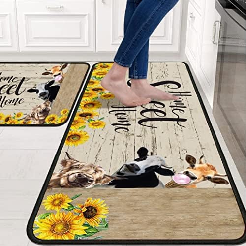 Cow Sunflower Kitchen Rug for Floor 2 Piece Sets, Home Sweet Home Kitchen Rugs, Cow Kitchen Mats in Front of Sink and Sunflower Kitchen Mat for Standing for Kitchen Decor 17"X30"+17"X47"