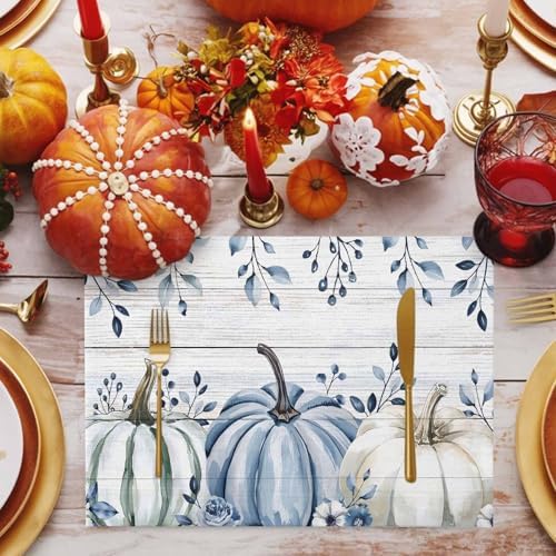 Fall Placemats Set of 6, Blue Pumpkin Place Mats White Blue Pumpkins Eucalyptus Wooden Tablemats Harvest Thanksgiving Placemat Table Decoration for Kitchen Table Holiday Dinner Party Autumn Home Decor
