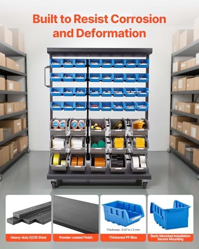 VEVOR 7-Tier Double-Sided Rolling Bin Storage Rack, 94 Plastic Bins, Dual-Sided Parts Organizer with Wheels, Mobile Tool Organizer for Garage, Warehouse, Office, Restaurant, Classroom, Kitchen