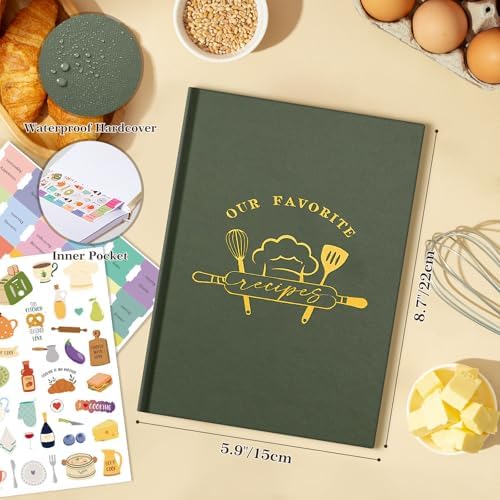 Lanpn A5 Blank Recipe Book Cookbook for 70 Recipes, Leather Cover Waterproof Empty Cooking Journal to Write in Your Own Recipes, Recipe Notebook with Stickers to Organize Your Family Recipes, Green