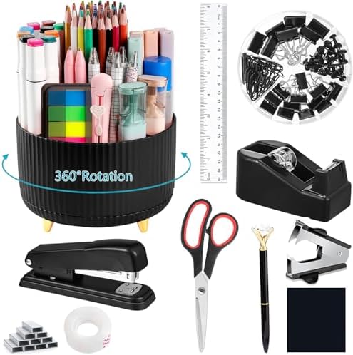 Office Supplies,School Supplies,Black Desk Accessories,Desk Organizer,Scissors,Stapler,Tape Dispenser,Binder Clips,Staples,Staple Remover,Sticky Notes,Clear Tape,Pen,Ruler,Best Gift,11pcs