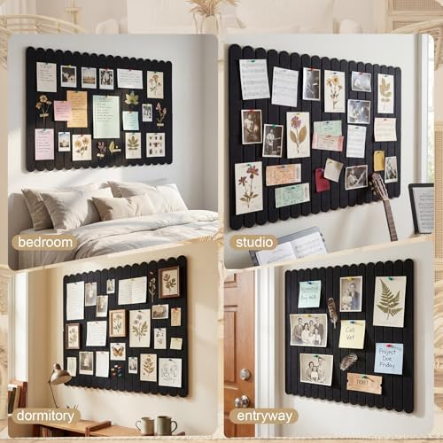Yookeer Large Scalloped Felt Bulletin Board 36'' x 24'' Cork Board Alternative for Office Wall Decor 6 Pack with 25 Safe Removable Adhesive Tabs Push Pin, Felt Pin Boards for Home Office(Black)