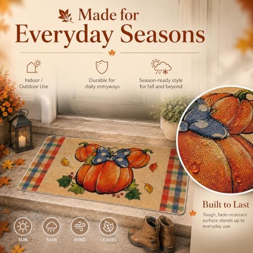 Welcome Pumpkin Decorative Front Door Mat, Autumn Plaid Doormat