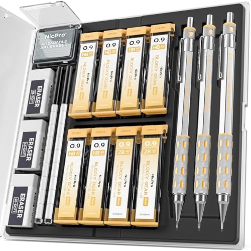 Nicpro Blocky Gear 0.9 mm Mechanical Pencils Set in Case, 3 Pack