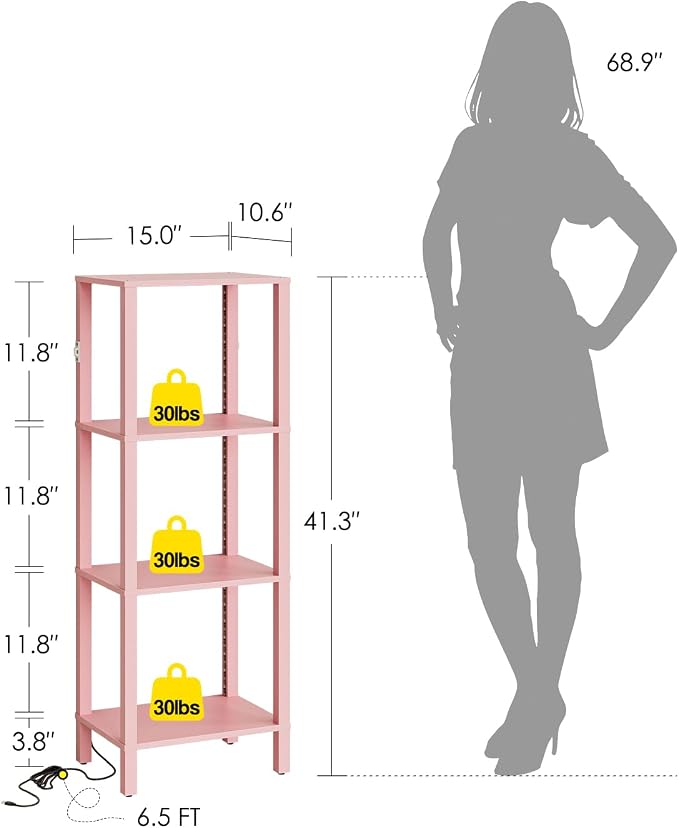 Open Book Shelf with LED Lights, 4 Tier Small Bookshelf, Freestanding Shelf Narrow Bookcase with Open Shelves, 14.96" x 10.63" x 41.26", Book Shelves for Living Room, Office, Study, Pink