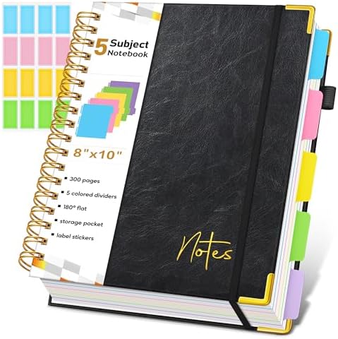 Spiral Notebook Journal with Removable Dividers Tabs, 300 Pages Hardcover Leather 5 Subject College Ruled Notebook, 8"x10" Large B5 Lined Journal for Women Men, Spiral Notebooks for Work School, Black