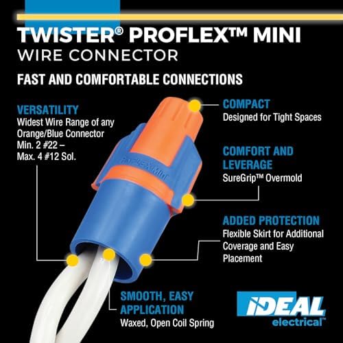 Ideal Electrical Twister Proflex Mini (30-343) Orange/Blue Wire Connector, Box of 100 — Compact Twist-On Wire Nuts for 22 to 12 AWG with Comfort SureGrip and Flexible Skirt