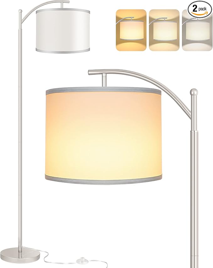 Floor Lamp for Living Room with 3 Color Temperatures LED Bulb, Standing Lamp Tall Industrial Floor Lamp Reading for Bedroom, Office (9W LED Bulb, White Lampshade Included) -Silver