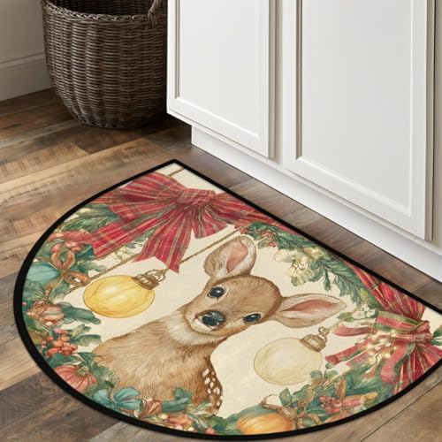 Pardick Christmas Retro Deer Half Round Door Mat, Non-Slip Welcome Indoor Entrance Way Rug Semi Circle Front Doormats Washable Bathroom Kitchen Floor Mat, Outdoor Rugs for Garage, Patio, Hearth Rug