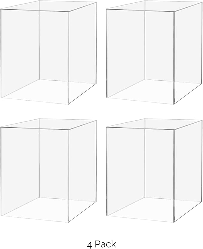 Marketing Holders 4 Pack 12" x 12" x 16" Riser Box Acrylic Display with One Open Side No Lids Versatile Tall Plexiglass Retail Product Storage Bin or Wedding Floral Centerpiece Pedestal