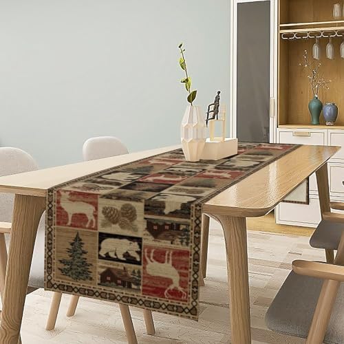 Retro Rustic Table Runner, Vintage Moose Deer Bear Leaf Tree Country Style Farmhouse Cottage Cabin Dinner Table Decoration for Home Kitchen Dining 13"x120"
