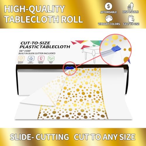 CXPSINC 54 Inch X 100 Feet Plastic Table Cover Roll Disposable Tablecloth with Slide Cutter for All Type/Shape Tables | Party, Banquet, Birthdays, Weddings(White Golden Dot, 100 Feet)