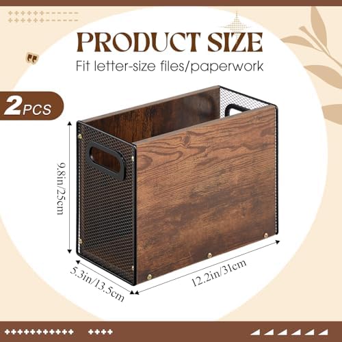 AmazingSpark Wooden Hanging File Organizer Box, 2 Pack Desktop Filing Box with Handles, Solid Wood & Metal File Organizer for Letter Size Hanging Folders, Home Office Storage Decor