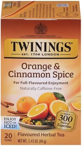 Twinings Orange & Cinnamon Spice Herbal Tea Individually Wrapped Bags, 20 Count (Pack of 1), Naturally Caffeine-Free, Enjoy Hot or Iced, 20 Teabags