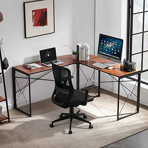 VECELO 59" L Shaped Computer Desk, Corner Computer Desk, Sturdy Home Office Computer Table for Small Space, Writing Desk, Larger Gaming Desk Workstation, Brown