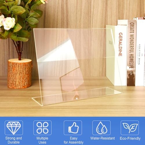 12 Pack Acrylic Sign Holder 8.5 x 11 Horizontal Slant Back Acrylic Stands for Display Plexiglass Clear Acrylic Display Stands for Ad Frame, Picture Photo Frames, Promotions, Restaurants, Office
