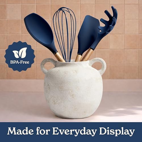 Country Kitchen Non Stick Silicone Utensil Set with Rounded Wood Handles for Cooking and Baking, 8 Piece Set, Navy