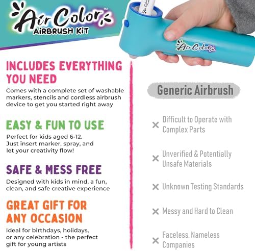 Air Color Airbrush Marker Kit for Kids, Cordless and Rechargeable Air Brush Set Includes 10 Washable Markers, 86 Stencils, Charging Cable, Arts &Crafts Gift Set for Painting, Coloring, School Projects