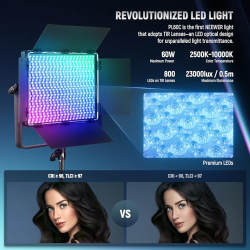 NEEWER 2 Pack PL60C RGB LED Panel Video Light Kit with 6.6ft/2m Spring Cushioned Tripod Stands/Bag, APP/2.4G/DMX Control, 60W 2500-10000K Pro Photography Studio Recording Streaming Key Lighting