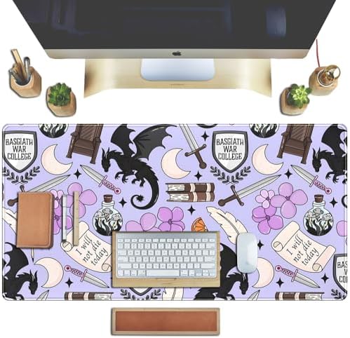 Cute Desk Pad Kawaii Black Loong Mouse Pad Purple Magic Desk Keyboard Pad, Large Gaming Mouse Pad for Desk Decor Computer Desk Home Office Decor for Girl with Stitched Eges Protector Mat 31.5x15.7 in