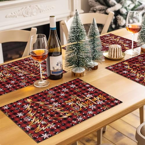 Merry Christmas Placemat 1PC, Gold Xmas Tree Heat Resistant Washable Table Place Mats Red Black Buffalo Plaid Pattern Cotton Table Linens Party Holiday Decor for Kitchen Dining Outdoor Indoor