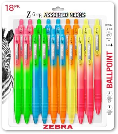 Zebra Pen Z-Grip Ombre Neon Retractable Ballpoint Pen, Black, 1.0mm, 18-Pk