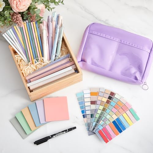 135 Pcs Book Annotation Kit Aesthetic Pencil Case Bag 12 Highlighter 11 Gel Pen 1 Marker 300 Sheet Transparent Sticky Notes Pad 2640 Index Stickers Bible Study Supplies(Kawaii,Purple)