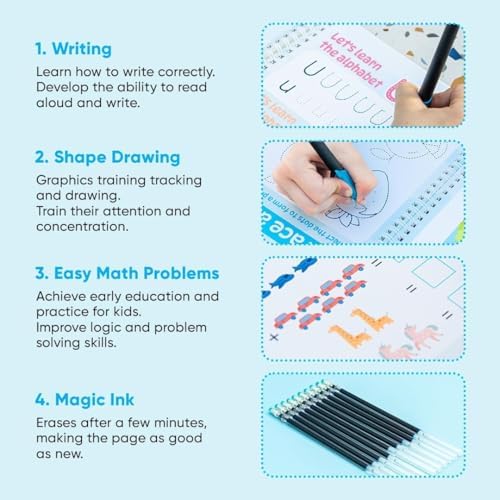 Kiddospace Magic Grooved Writing Practice for Kids Ages 3-8 - 4 Large Reusable Handwriting Workbooks - Alphabet, Numbers, Math & Drawing - Grooved Tracing Books with Disappearing Ink Pen Included